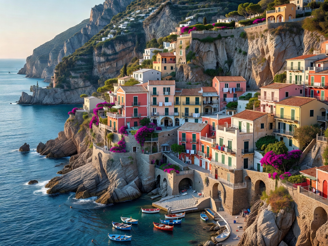 Cliffside view of Amalfi Coast with colorful villas and turquoise sea in May