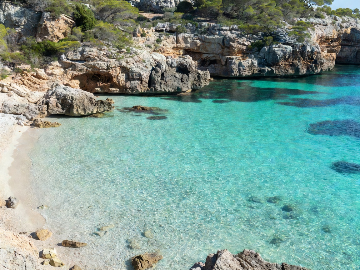 Crystal clear turquoise waters along the Balearic coastline in Mallorca
