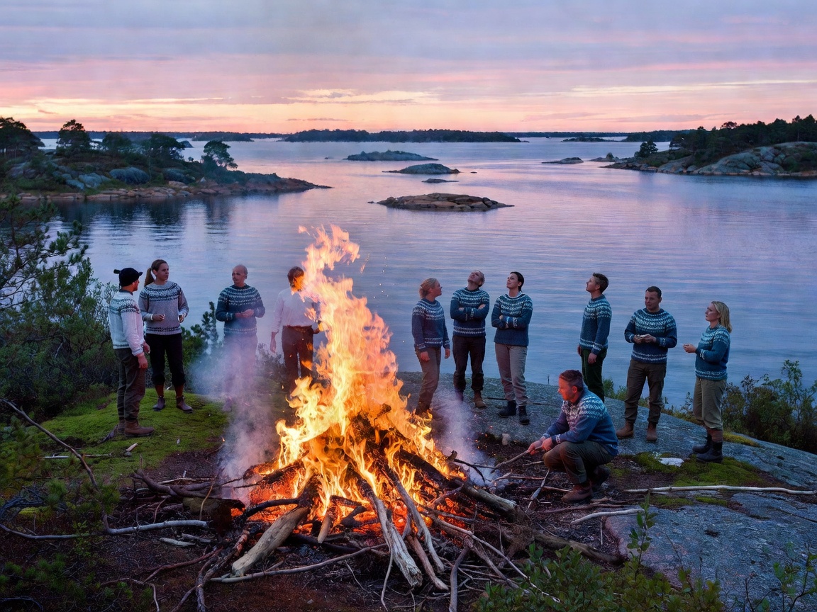 Midsummer bonfire along Swedish archipelago coast under dusky midnight sun sky