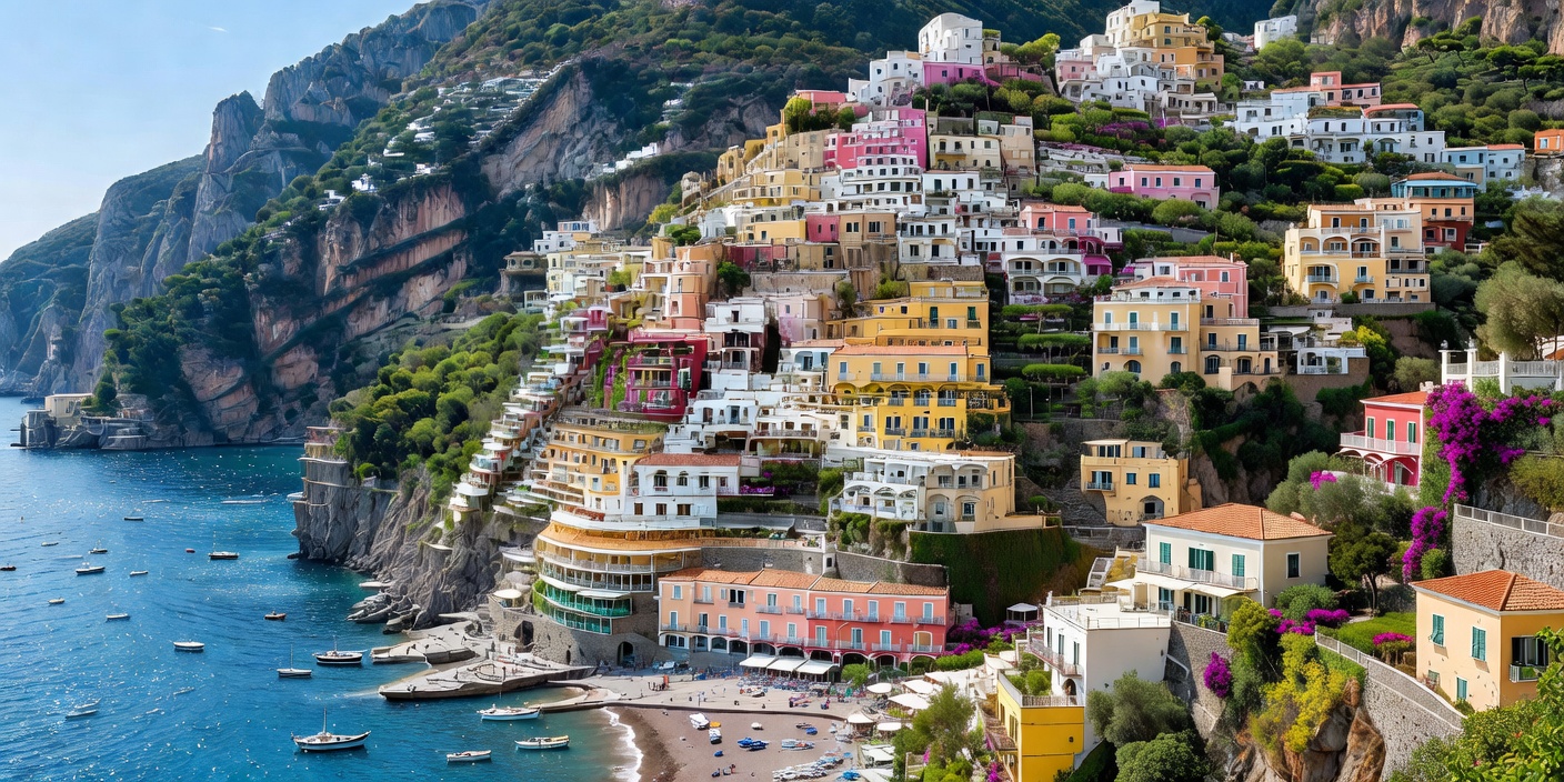 Panoramic view of Positano Italy villas cascading down steep cliffs to the Mediterranean in May