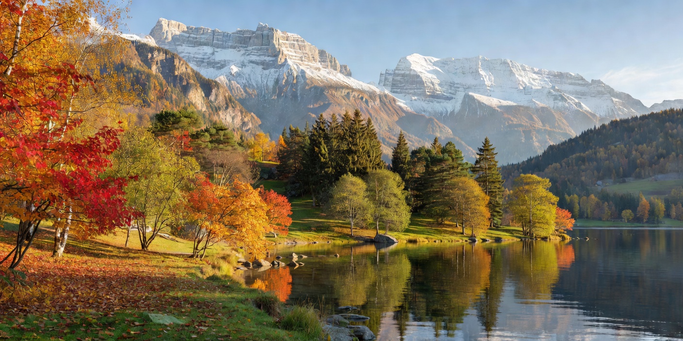 Scenic European landscape showcasing clear transition of seasons along water and mountains