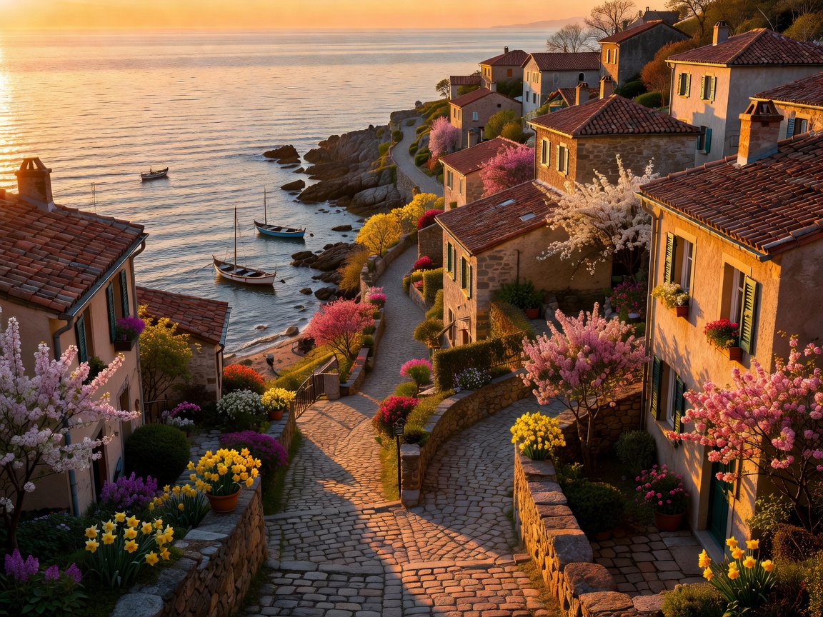 Scenic view of European coastal village during spring golden hour