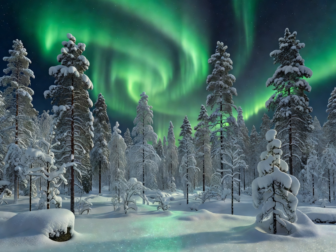 Snow covered pine trees in Rovaniemi Lapland under aurora borealis night sky