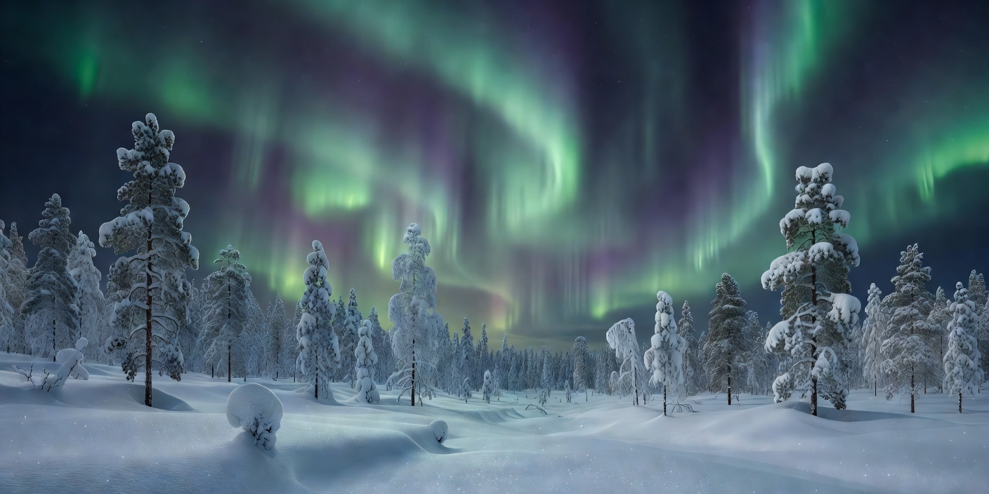 Snow clad pine trees in Rovaniemi Lapland under magical aurora borealis night sky