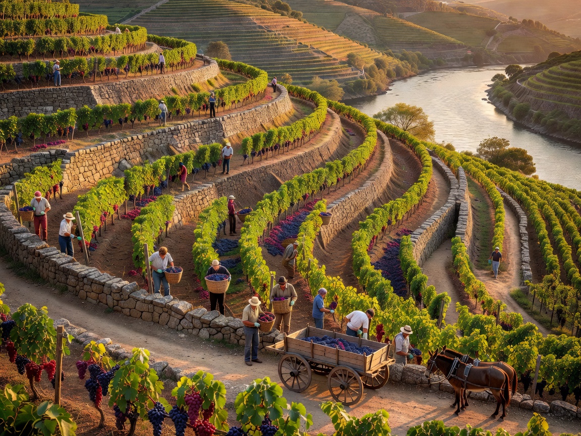 Terraced vineyards of Douro Valley Portugal during September grape harvest