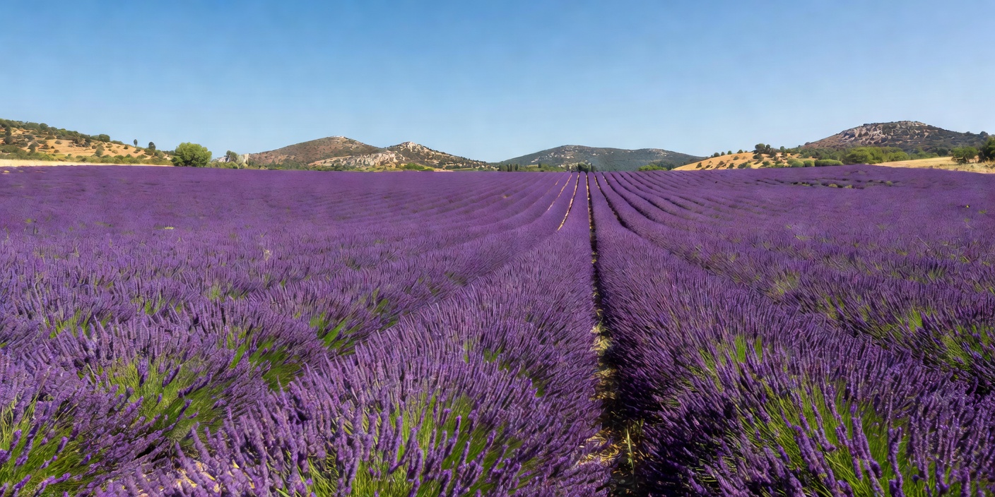 Vast purple lavender field in full bloom under sunny Provence skies in June